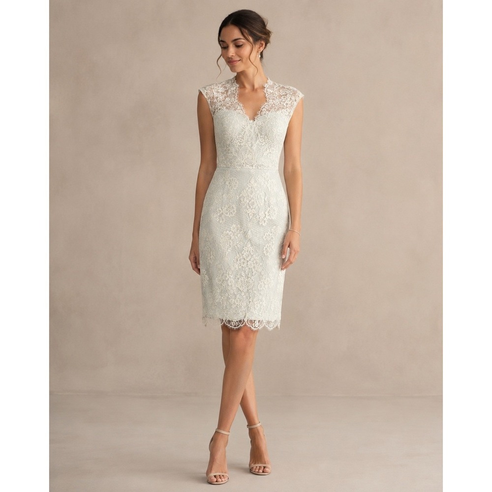 THEIA Metallic Floral Lace Sheath Dress Mint V-Neck Keyhole Back Size 10